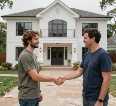 A skilled worker carefully taping drywall in a bright, freshly painted room with navy blue accents.