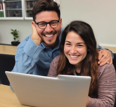 A happy customer unboxing a refurbished laptop in a cozy home setting.