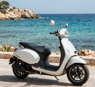 A scenic view of a convertible car parked near a sunny Ibiza beach with clear blue skies.