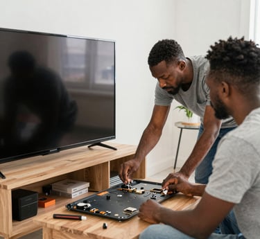 Technician carefully repairing a television screen in a cozy living room setting.