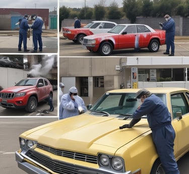 A group of diverse team members collaborating while spray painting a large mural in a bright workshop.