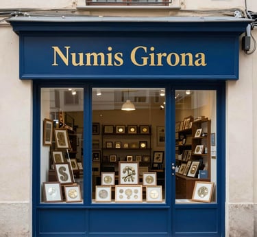 A cozy shop interior with vintage coins and stamps displayed on wooden shelves, warm lighting highlighting the collection.