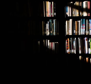 A dimly lit bookshelf filled with various hardcover and paperback books, showcasing a vintage library or study ambiance