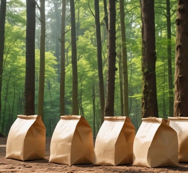 Close-up of colorful plastic films and paper bags neatly arranged on a wooden table.