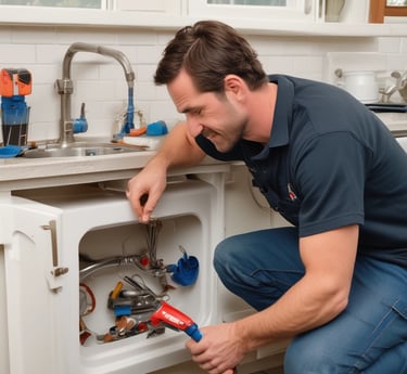 A friendly plumber from Flowline Plumbing working under a kitchen sink with tools in hand.