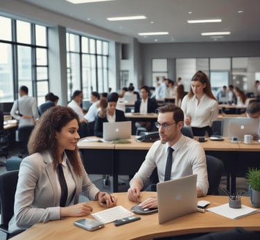 A modern workspace with a team collaborating over laptops and digital sketches, reflecting creativity and technology.