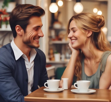A cozy coffee cup on a table with a blurred background of a small group of men chatting warmly.