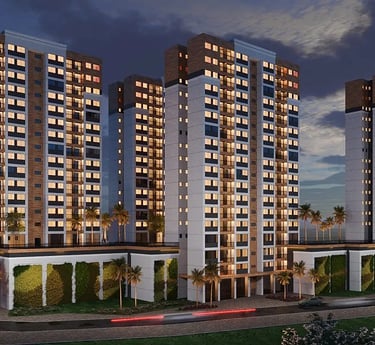 visão noturna da fachada do condomíno Prime Del Sol