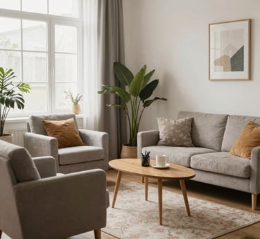 A warm and welcoming therapy room with comfortable seating and soft lighting.
