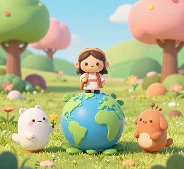 Colorful animated 3D scene of a bright sunrise over a lively garden with friendly animals and a glowing rainbow.