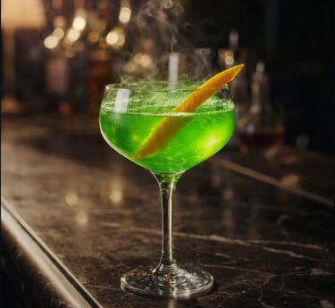 Steaming green cocktail with an orange peel garnish in a coupe glass on a marble bar.