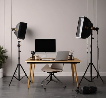Photo of the founder smiling confidently beside a desk filled with content creation tools.