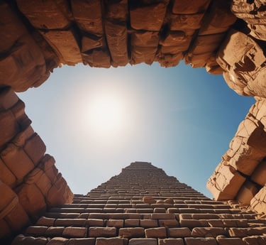 A low-angle shot of an imposing ancient Egyptian pyramid, illuminated by an intense midday sun