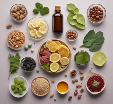 Elegant photo of natural products from both Dutch and Moroccan origins displayed on a wooden table with olive green and gold accents.