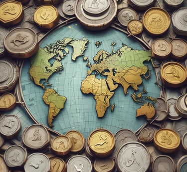 A dynamic global trading floor with multiple screens showing commodities prices, forex charts, and crypto trends under vibrant lighting.