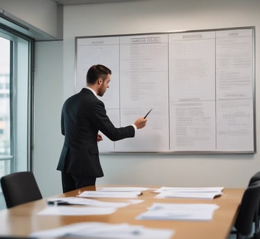 A focused consultant reviewing operational charts with a client in a modern office setting.