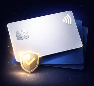 Illustration of a secure payment card protected by authorization rules and transaction filtering new technology.