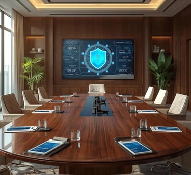 Modern conference room round table, security dashboard Safemoney.cloud cards at each seat in a premium corporate setting
