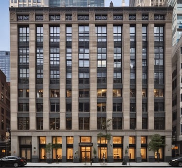 Historic black-and-white photo of Silk & Halpern founders outside 425 Madison Avenue.