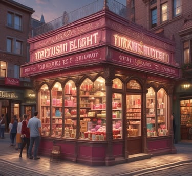 A cozy Turkish market stall filled with colorful spices, traditional sweets, and tea sets.