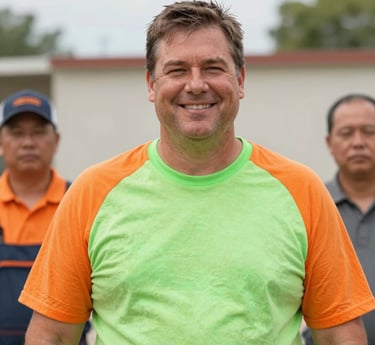 A professional-looking 45-50 year old man with an American smile, slightly chubby face, wearing an orange work t-shirt, confidently leading his paving team.