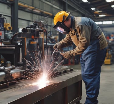 Skilled fabricators working on precision-cut aluminum panels in a modern workshop.