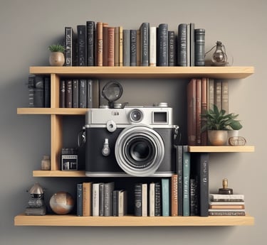 A vibrant collage showing a camera, a firearm safety class, a classic watch, and colorful children’s books.
