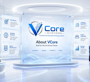 VCore Systems digital display showing AI infrastructure and business technology solutions in a futuristic office.