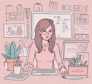 Maria smiling warmly at her cozy home workspace, surrounded by notebooks and a laptop.