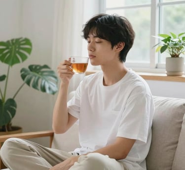 A cozy workspace with a laptop, a cup of tea, and a small plant, evoking calm and focus.