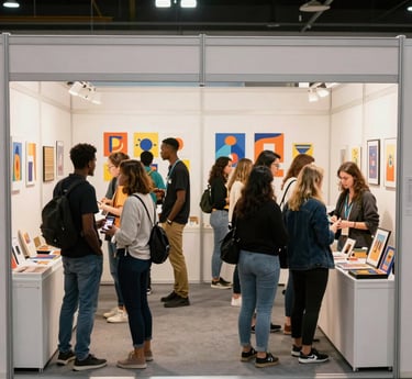 A lively crowd of diverse artists sharing their work and ideas in a bright, modern festival space filled with colorful art installations.