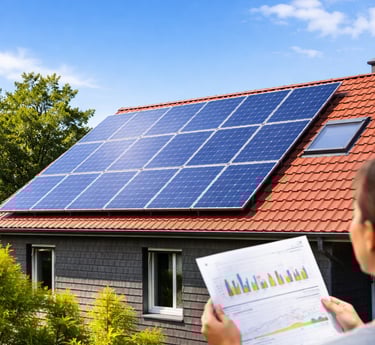 Casa com painéis solares e geração de energia solar fotovoltaica