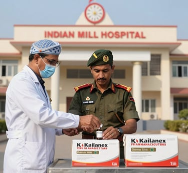 Indian military hospital staff organizing medical supplies with an Indian Air Force jet in the background.