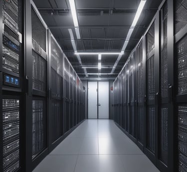 A modern data center with rows of servers glowing softly under cool blue lighting.