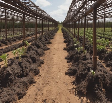 A lush green farm field with workers spreading biochar on the soil under a clear blue sky.