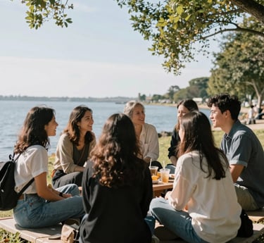 A candid group of friends stretching and laughing together on a sunlit forest trail in the Pacific Northwest.