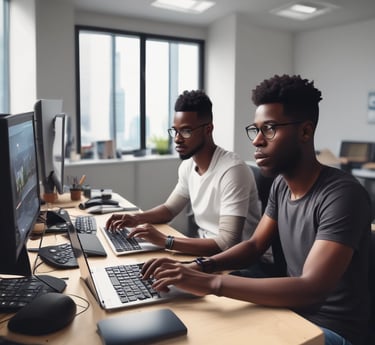 Modern office scene with diverse African professionals collaborating on fintech software development.