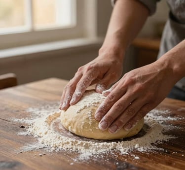 Warm editorial shot of hands gently dusting flour over a soft, rising yeast dough on a dark wooden counter, soft side lighting, shallow depth of field.