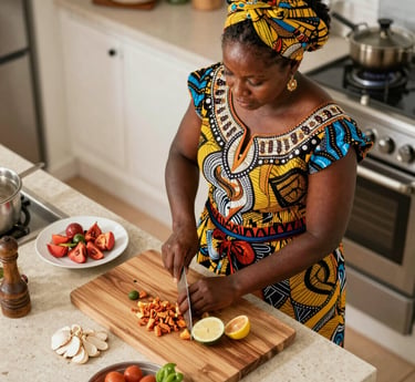 A warm, inviting kitchen scene with fresh ingredients and a chef plating a colorful homemade meal.