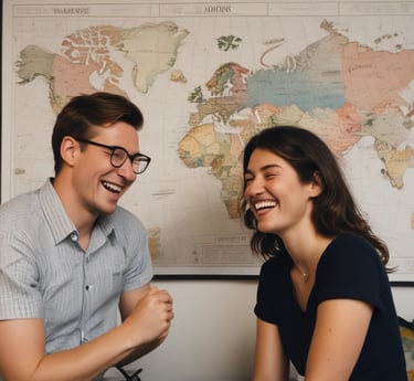 Two brothers teaching Spanish online with a vibrant multicultural backdrop representing 21 Spanish-speaking countries.