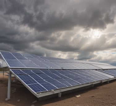 A renewable energy facility featuring solar panels on a building and wind turbines under a cloudy sky.
