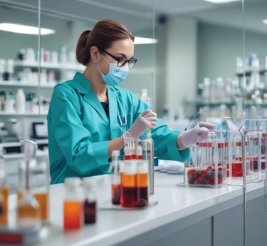 A close-up of peptide vials with a blurred background of medical equipment.