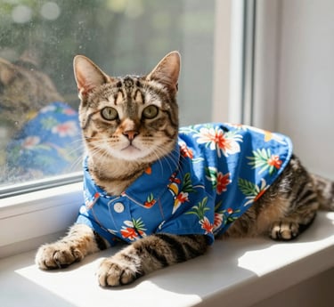 A tabby cat wearing a blue floral Hawaiian shirt sitting on a sunny window sill.