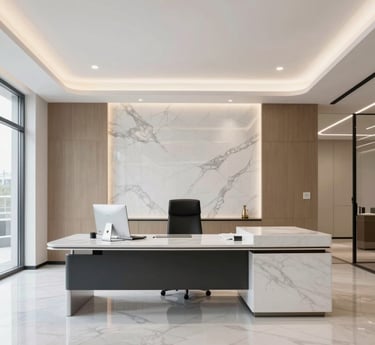 Modern law office interior with elegant black and gold decor, symbolizing trust and sophistication.
