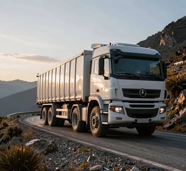 Low-angle wide shot of a heavy-duty multi-axle cargo truck navigating a winding Andean mountain pass at sunrise, high-contrast dramatic morning light, sharp details of the vehicle chassis.