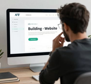 A sleek workspace with a laptop displaying a modern website design in navy blue and gold accents.