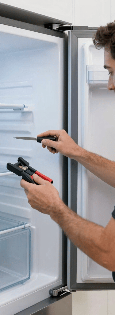 Technician in nitrile gloves precisely adjusting a Sub-Zero refrigerator in a sleek, modern kitchen.