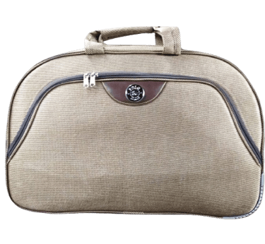 tan color duffle with brown color leather logo and tan fabric sturdy handle