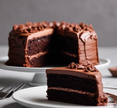 bolo de chocolate com um pedaço cortado postos em uma mesa