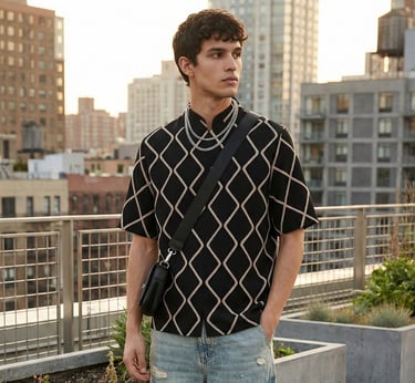 a man standing on a roof top with a black shirt and jeans